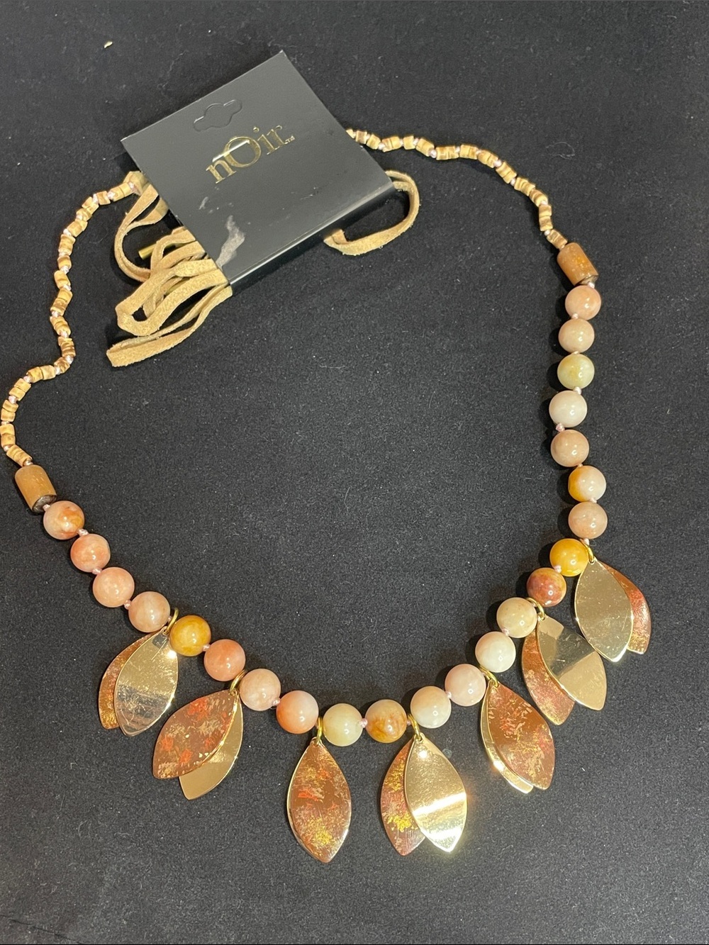 nOir Jewelry Gold and Peach-Beige Leaf Pendant Beaded Necklace